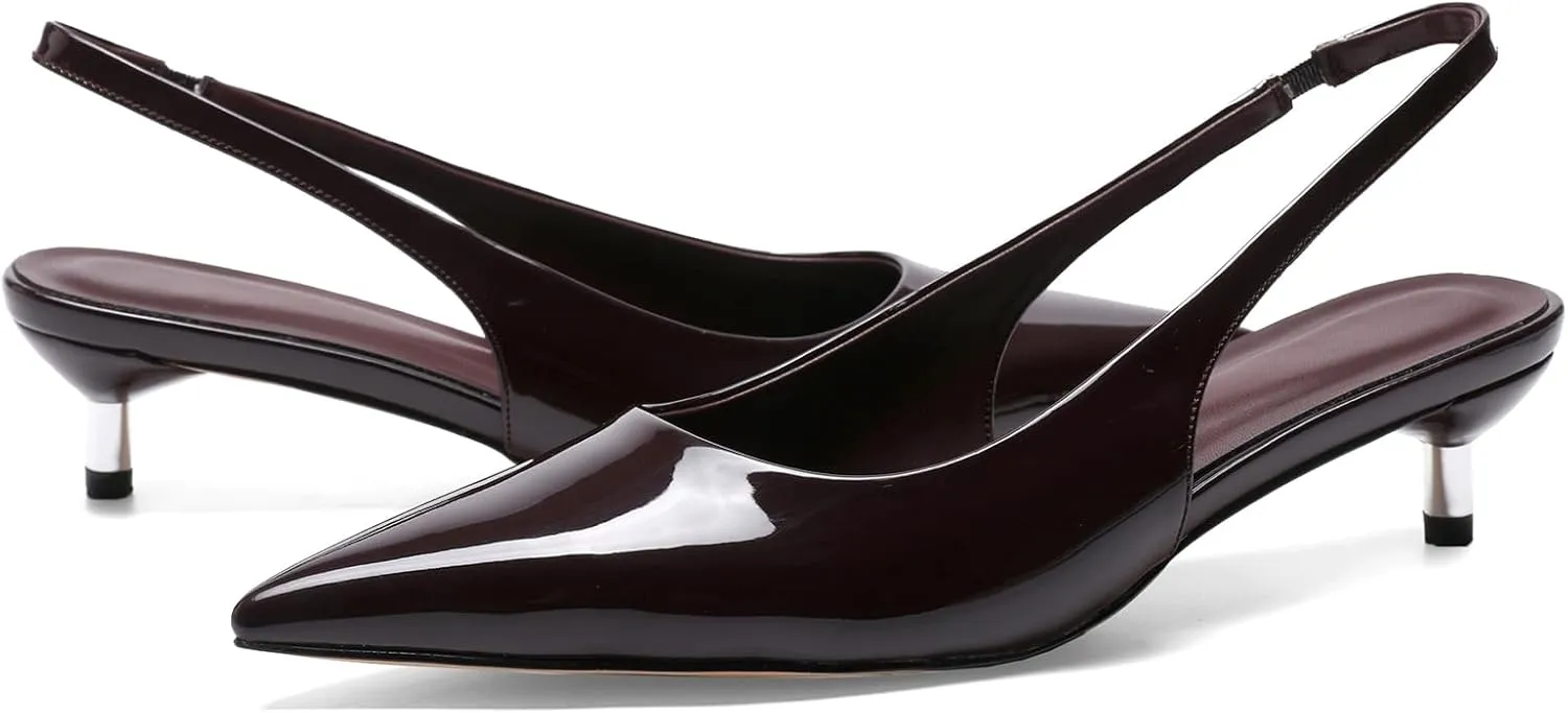 Metallic Heel Slingback Kitten Heels for Women Slip On Pointed Toe Pumps Comfortable Casual Dress Work Shoes