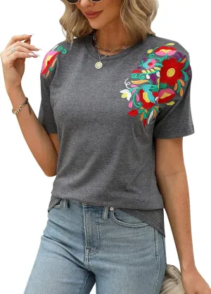 Mexican Shirts for Women Embroidered Tops Traditional Summer Blouse Women's Floral Tunic Round Neck Short Sleeve