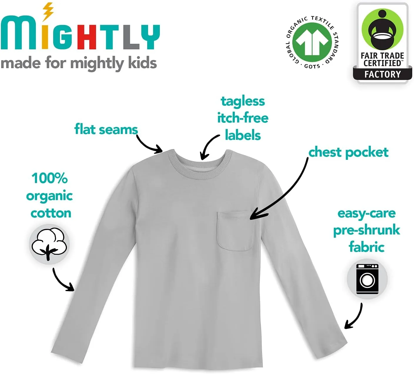 Mightly Boys & Girls' Long Sleeve Pocket Shirt | Organic Cotton, Colorful Casual Stylish Clothes, Soft & Fresh Crew Neck Tee