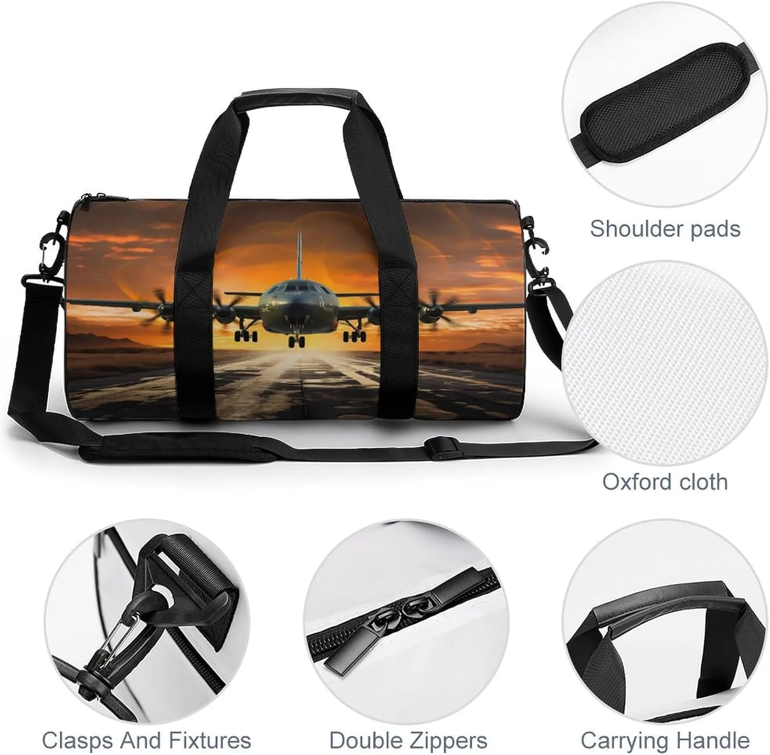 Military Plane Landing On Airforce Runways Against Beautiful Dusky Sky Duffel Bag for Men Women Gym Bag Sports Small Overnight Bag for Travel Weekender, 17.7in/9in/9in, XB0606009