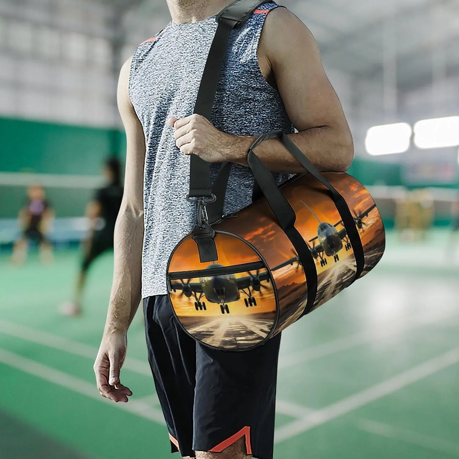 Military Plane Landing On Airforce Runways Against Beautiful Dusky Sky Duffel Bag for Men Women Gym Bag Sports Small Overnight Bag for Travel Weekender, 17.7in/9in/9in, XB0606009