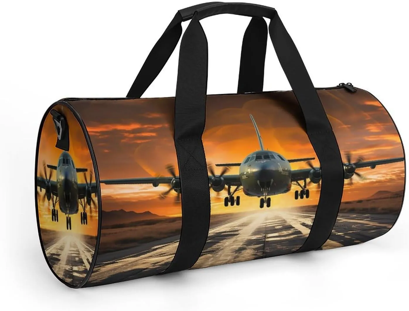 Military Plane Landing On Airforce Runways Against Beautiful Dusky Sky Duffel Bag for Men Women Gym Bag Sports Small Overnight Bag for Travel Weekender, 17.7in/9in/9in, XB0606009