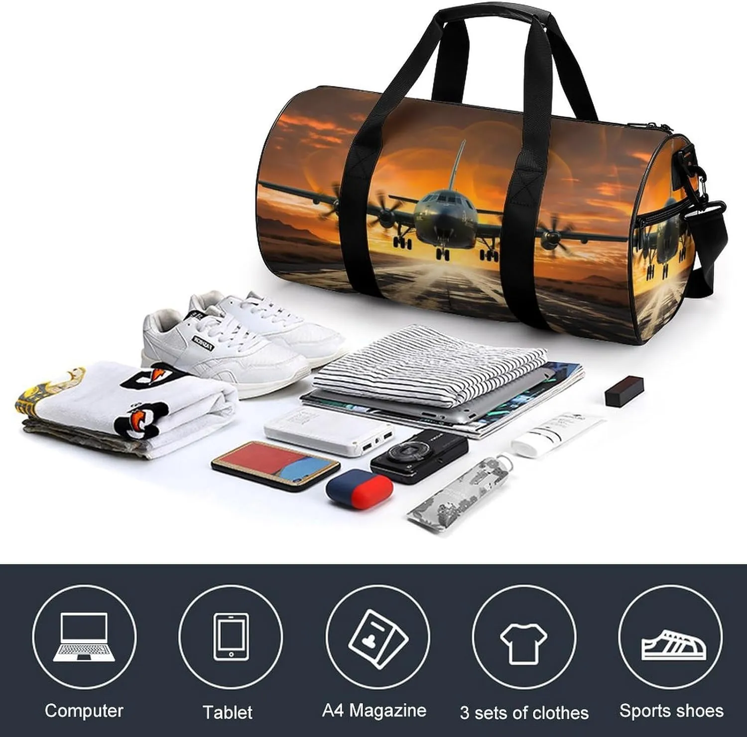 Military Plane Landing On Airforce Runways Against Beautiful Dusky Sky Duffel Bag for Men Women Gym Bag Sports Small Overnight Bag for Travel Weekender, 17.7in/9in/9in, XB0606009