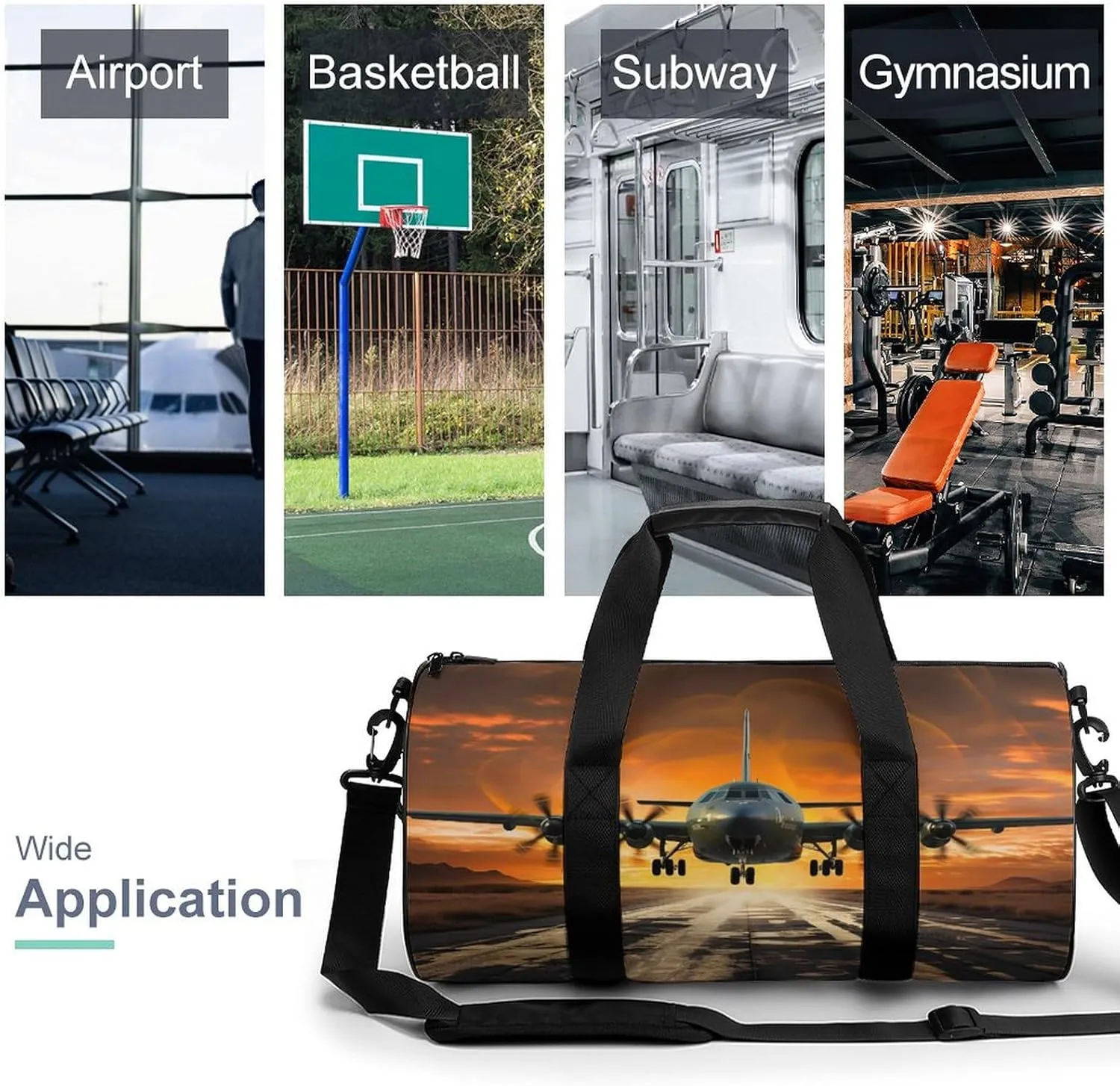 Military Plane Landing On Airforce Runways Against Beautiful Dusky Sky Duffel Bag for Men Women Gym Bag Sports Small Overnight Bag for Travel Weekender, 17.7in/9in/9in, XB0606009