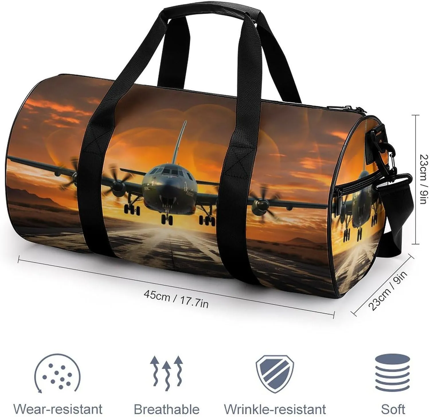 Military Plane Landing On Airforce Runways Against Beautiful Dusky Sky Duffel Bag for Men Women Gym Bag Sports Small Overnight Bag for Travel Weekender, 17.7in/9in/9in, XB0606009