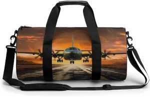 Military Plane Landing On Airforce Runways Against Beautiful Dusky Sky Duffel Bag for Men Women Gym Bag Sports Small Overnight Bag for Travel Weekender, 17.7in/9in/9in, XB0606009