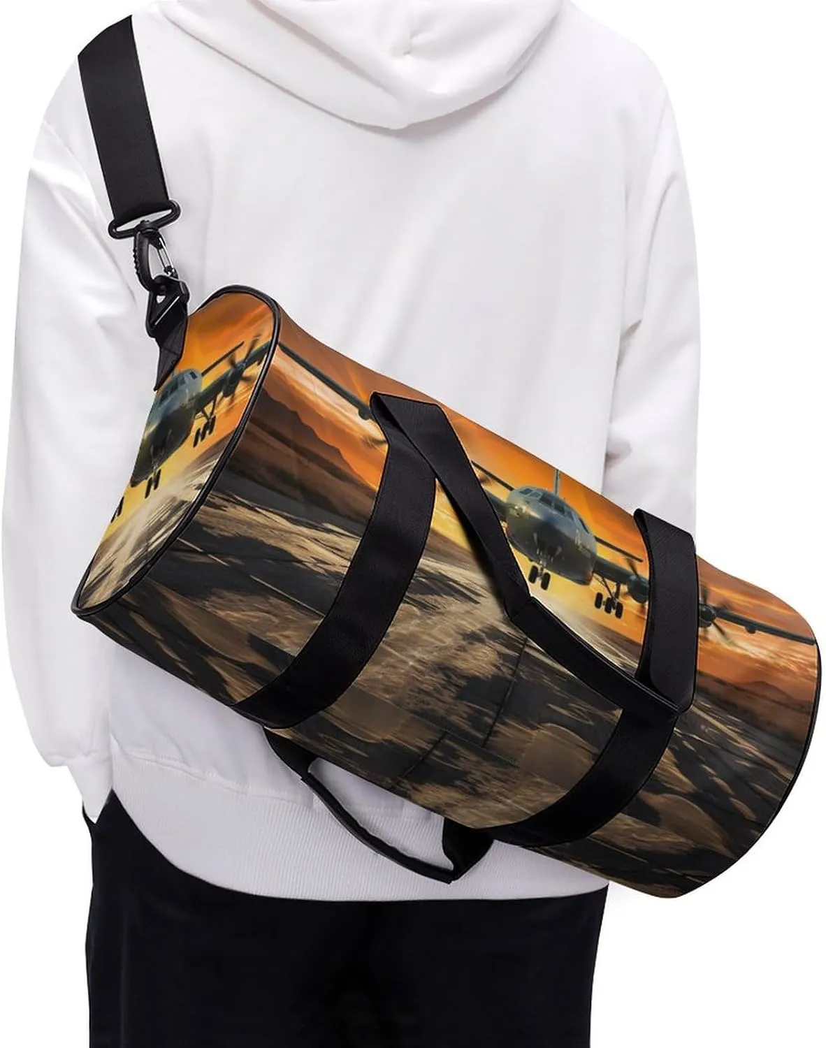 Military Plane Landing On Airforce Runways Against Beautiful Dusky Sky Duffel Bag for Men Women Gym Bag Sports Small Overnight Bag for Travel Weekender, 17.7in/9in/9in, XB0606009