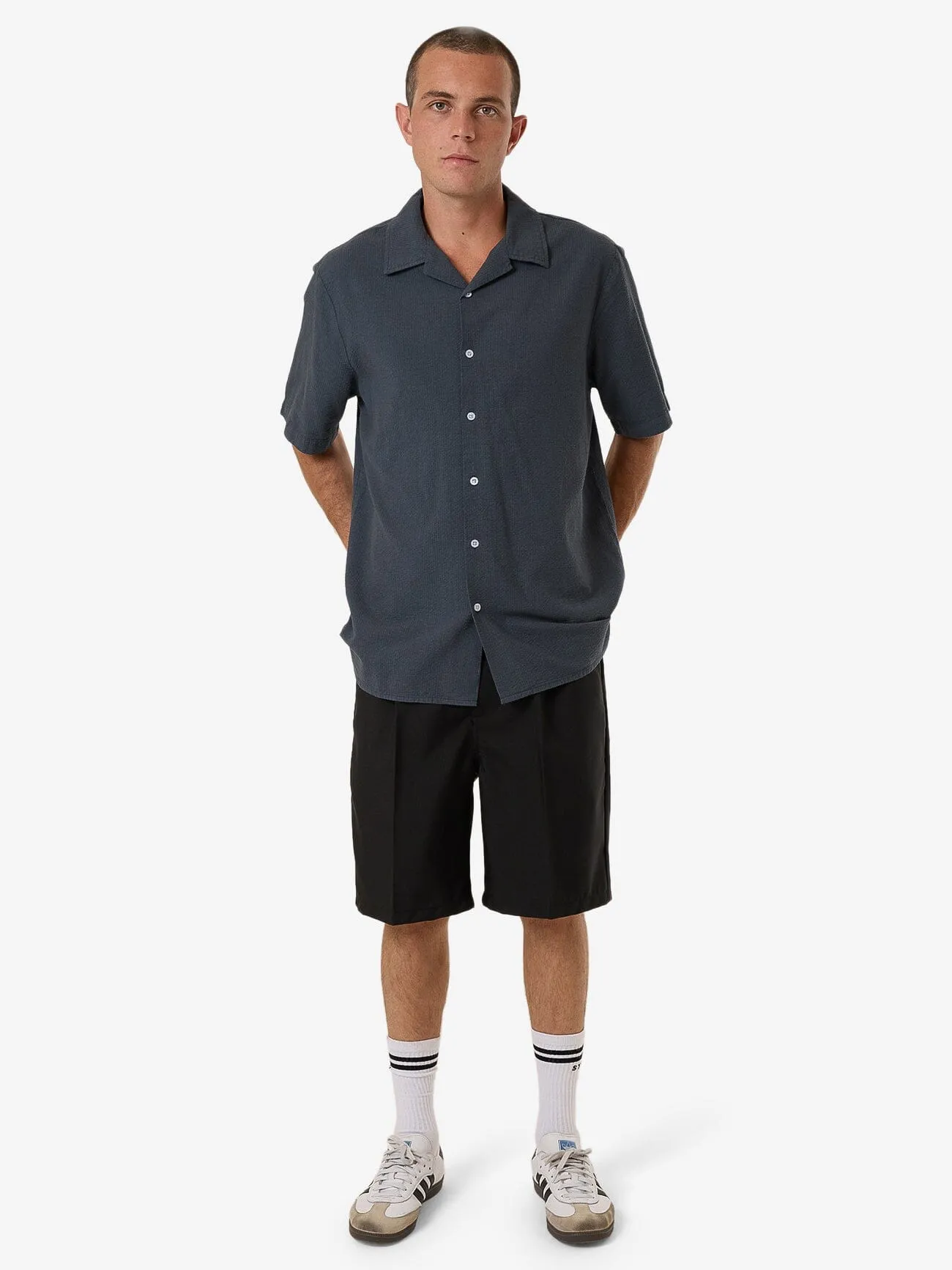 Minimal Thrills Stripe Bowling Shirt - Dark Slate