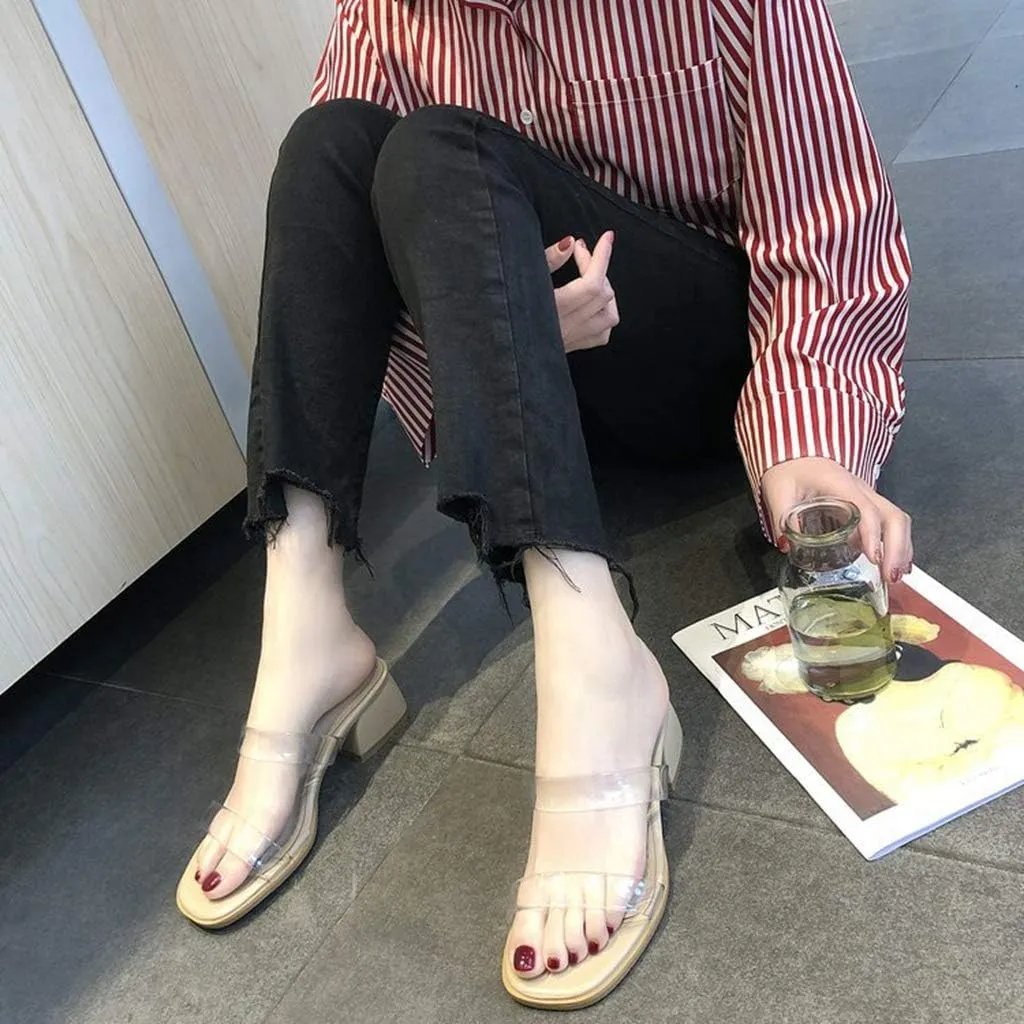 MIOKE Women's Clear Low Block Heel Slide Sandals Transparent Open Toe Comfort Chunky Heeled Mules Sandal