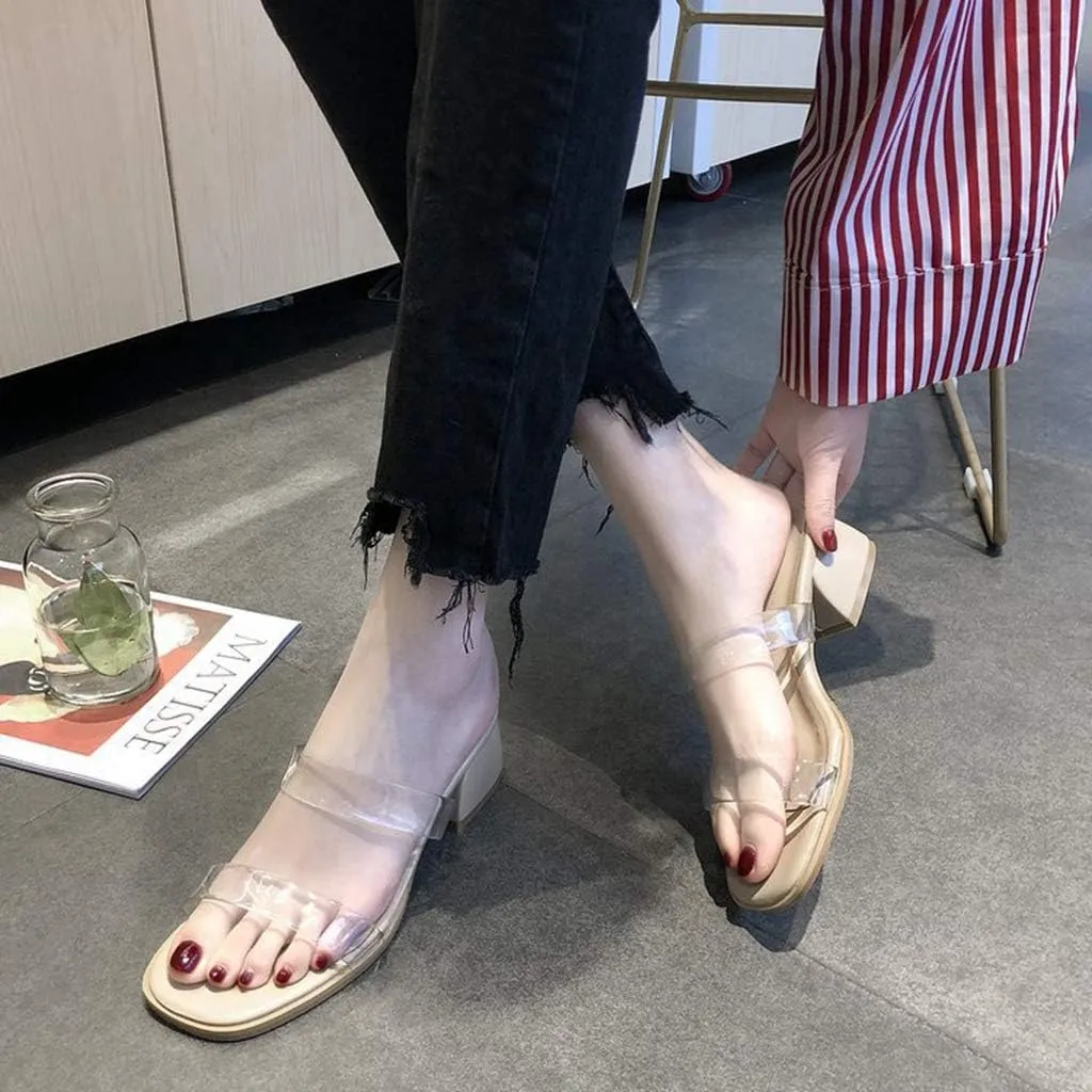 MIOKE Women's Clear Low Block Heel Slide Sandals Transparent Open Toe Comfort Chunky Heeled Mules Sandal