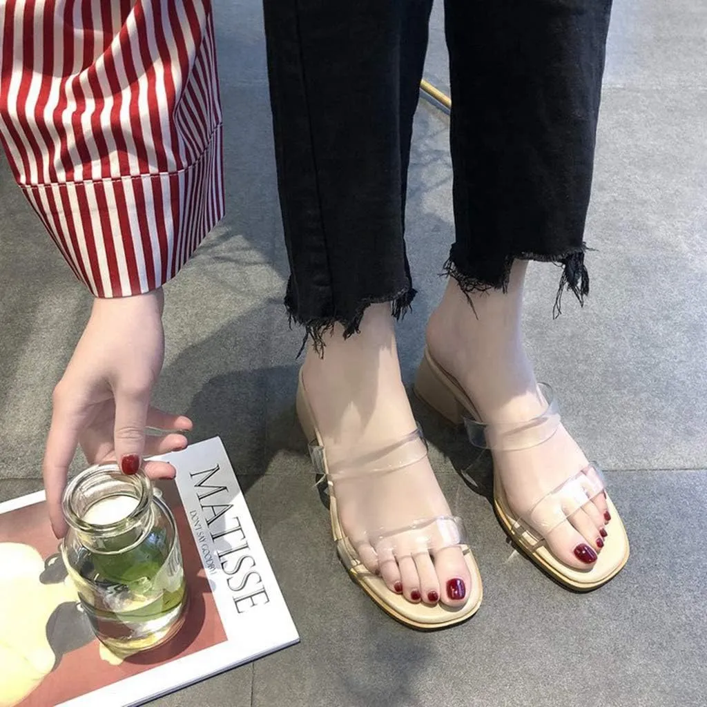 MIOKE Women's Clear Low Block Heel Slide Sandals Transparent Open Toe Comfort Chunky Heeled Mules Sandal