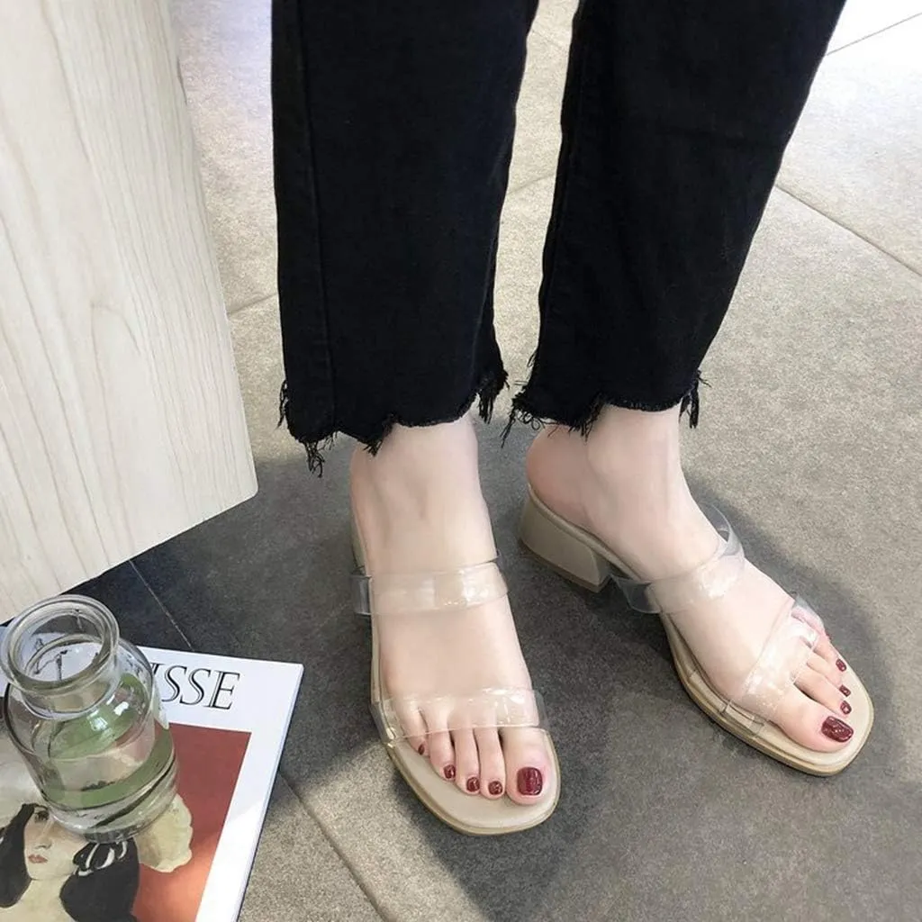 MIOKE Women's Clear Low Block Heel Slide Sandals Transparent Open Toe Comfort Chunky Heeled Mules Sandal