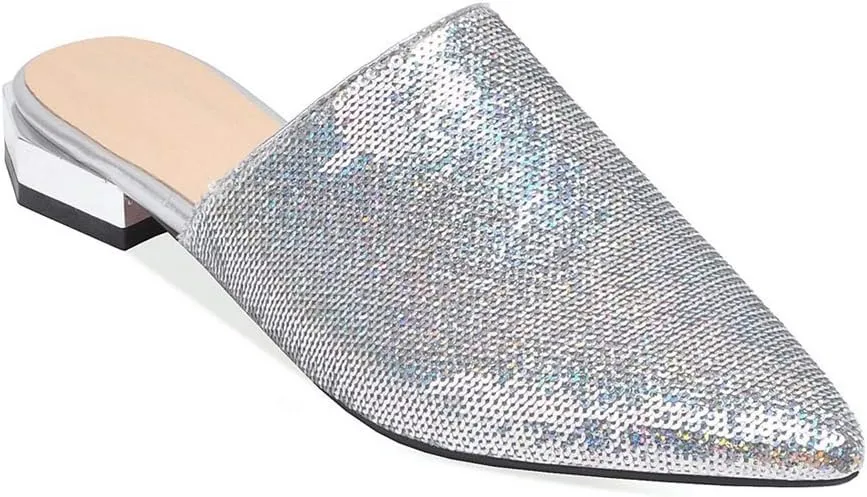 MIOKE Women's Pointed Toe Embellished Mules Flat Slip On Backless Loafer Comfy Low Heel Dress Slipper Shoes