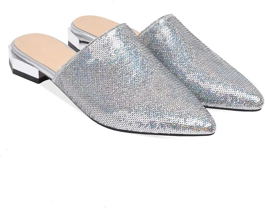MIOKE Women's Pointed Toe Embellished Mules Flat Slip On Backless Loafer Comfy Low Heel Dress Slipper Shoes