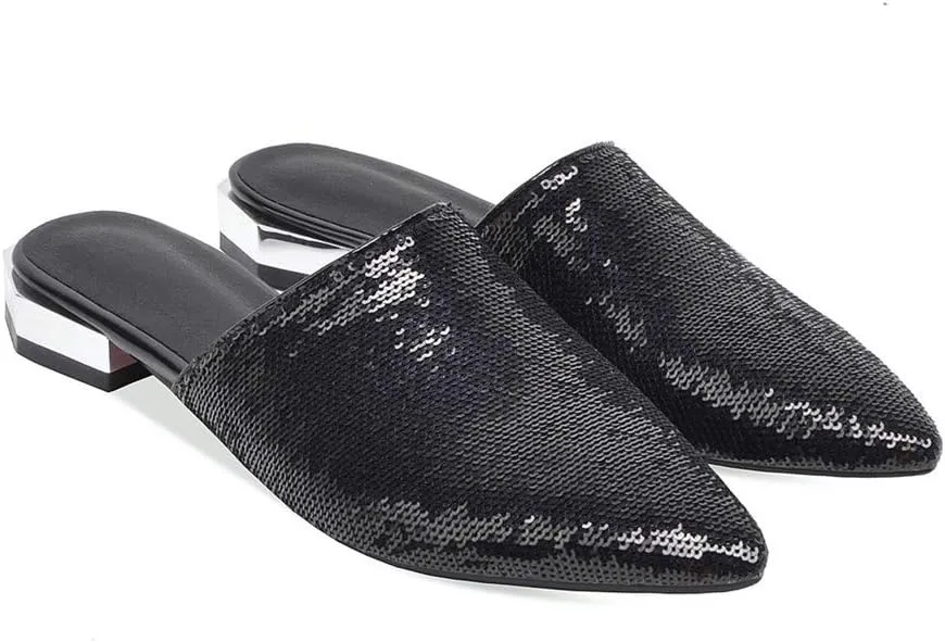 MIOKE Women's Pointed Toe Embellished Mules Flat Slip On Backless Loafer Comfy Low Heel Dress Slipper Shoes