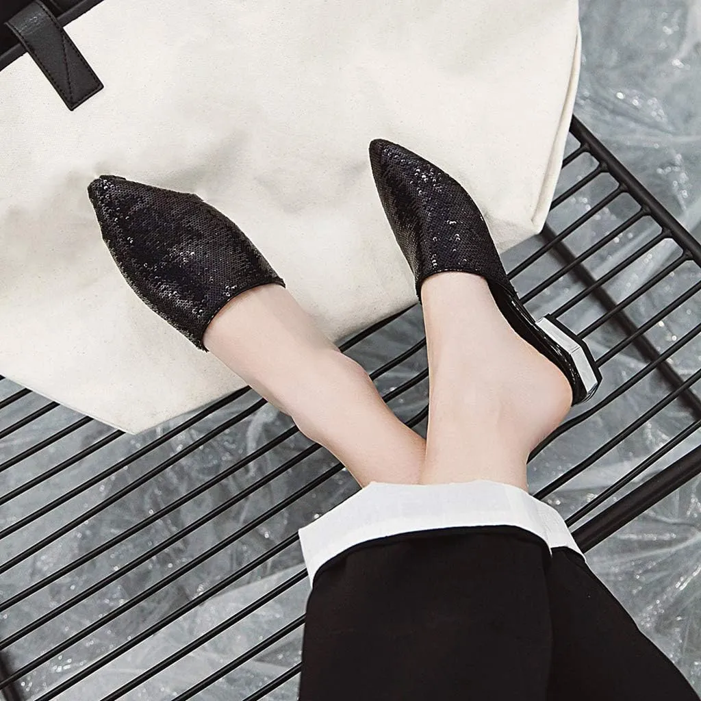 MIOKE Women's Pointed Toe Embellished Mules Flat Slip On Backless Loafer Comfy Low Heel Dress Slipper Shoes