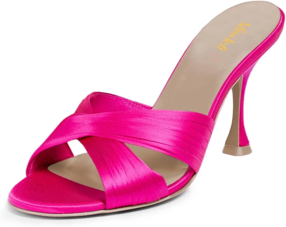 miss left Women Crisscross Straps Open Round Toe Mules Sandals Slip On High Slim Heel Slippers Comfy Shopping Walking Shoes Size 4-16 US