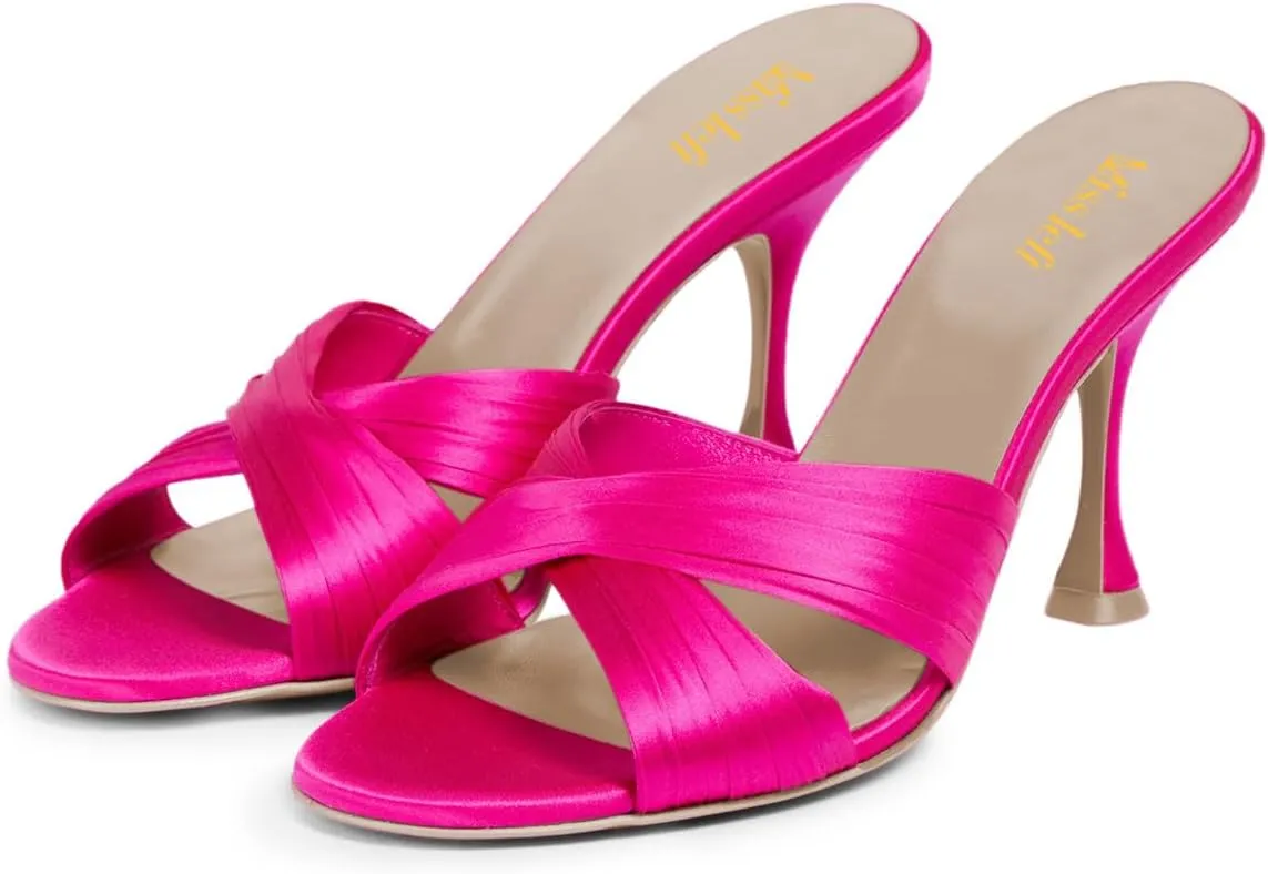 miss left Women Crisscross Straps Open Round Toe Mules Sandals Slip On High Slim Heel Slippers Comfy Shopping Walking Shoes Size 4-16 US