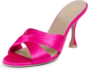 miss left Women Crisscross Straps Open Round Toe Mules Sandals Slip On High Slim Heel Slippers Comfy Shopping Walking Shoes Size 4-16 US