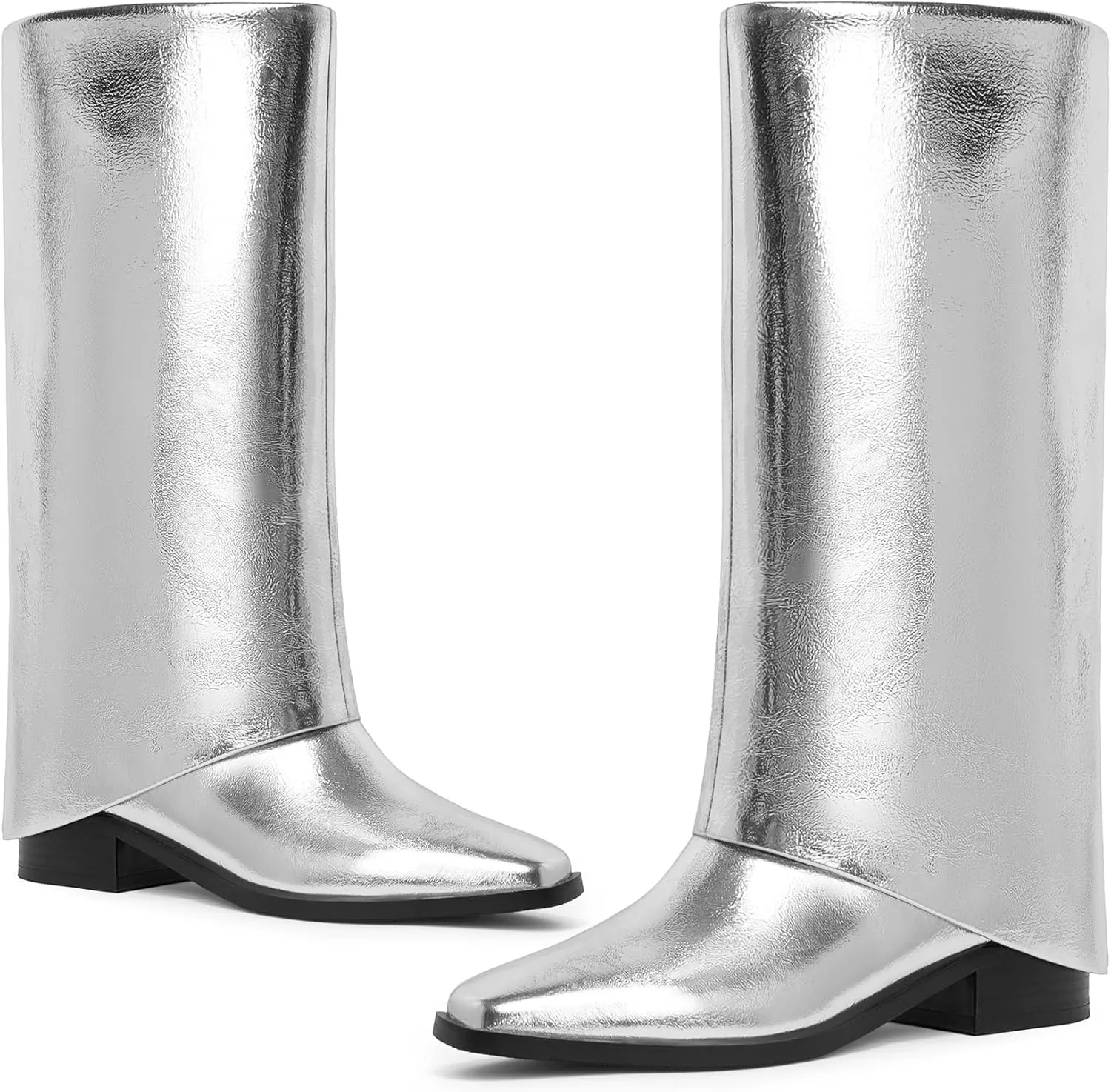 Modatope Mid Calf Boots for Women Fold Over Boots Square Toe Flat boots Slouch Riding Boots Slip On Shark Boots
