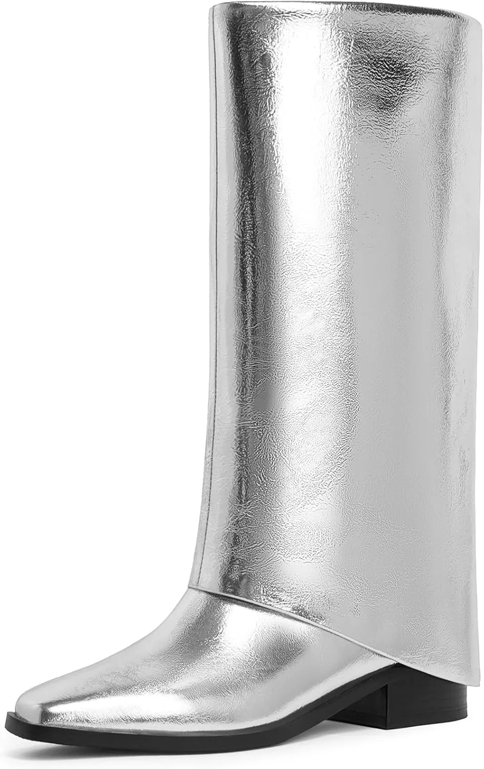 Modatope Mid Calf Boots for Women Fold Over Boots Square Toe Flat boots Slouch Riding Boots Slip On Shark Boots