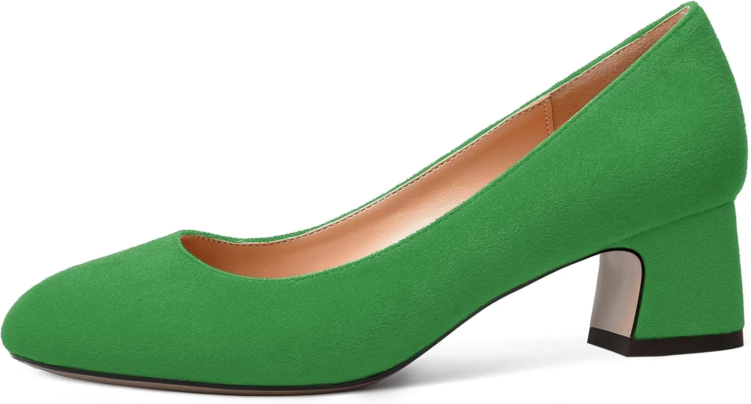 MODENCOCO Womens Suede Slip On Comfortable Formal Round Toe Office Chunky Low Heel Pumps Dress Shoes 2 Inch