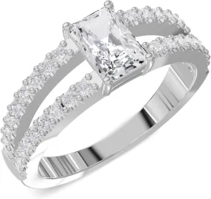 Modern Women's 925 Silver Ring with Square Cut Center Stone, Delicate Split-Band Design, Small CZ Diamonds, and Lightweight Elegant Open Structure for a Minimalistic Look