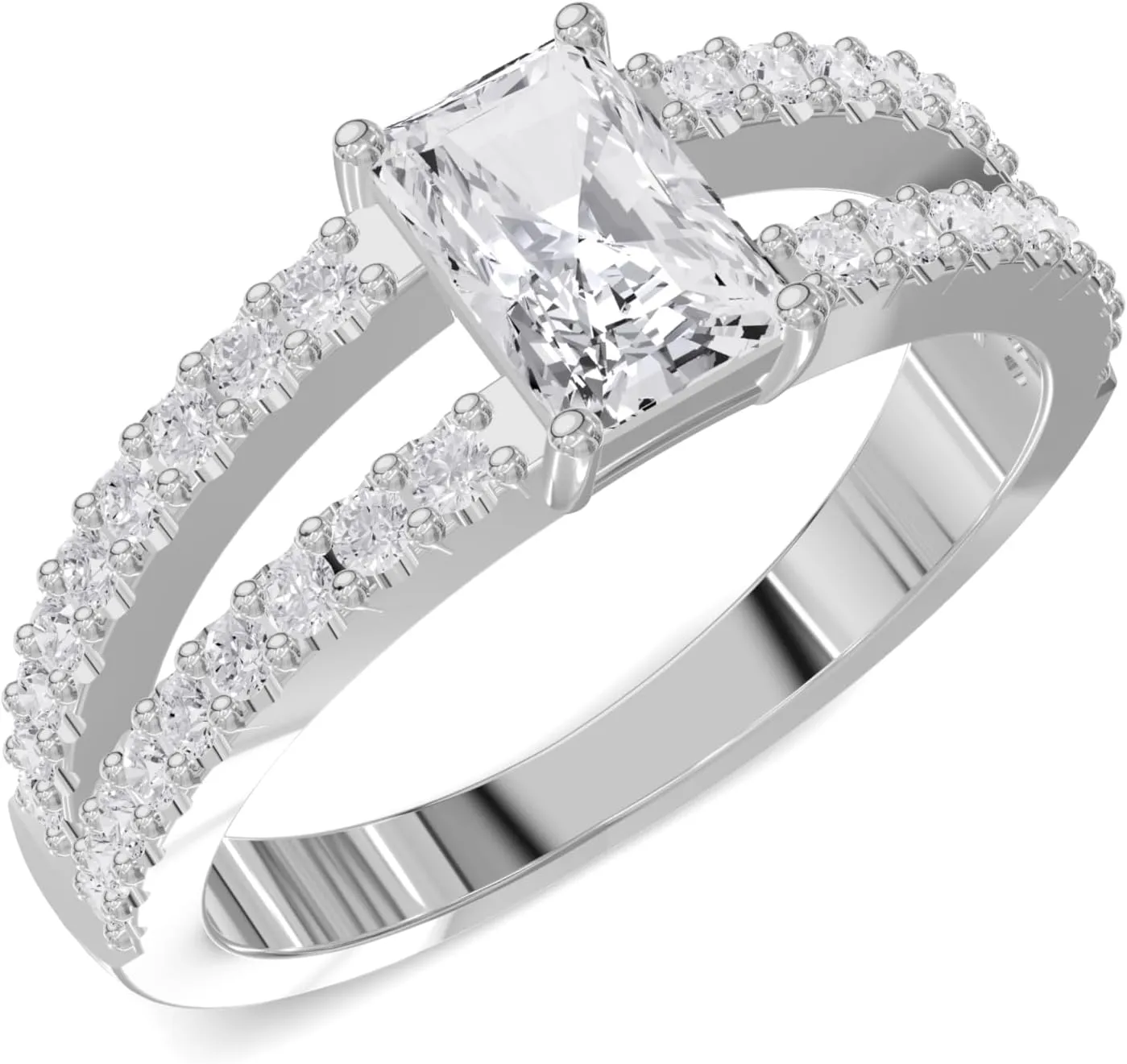 Modern Women's 925 Silver Ring with Square Cut Center Stone, Delicate Split-Band Design, Small CZ Diamonds, and Lightweight Elegant Open Structure for a Minimalistic Look