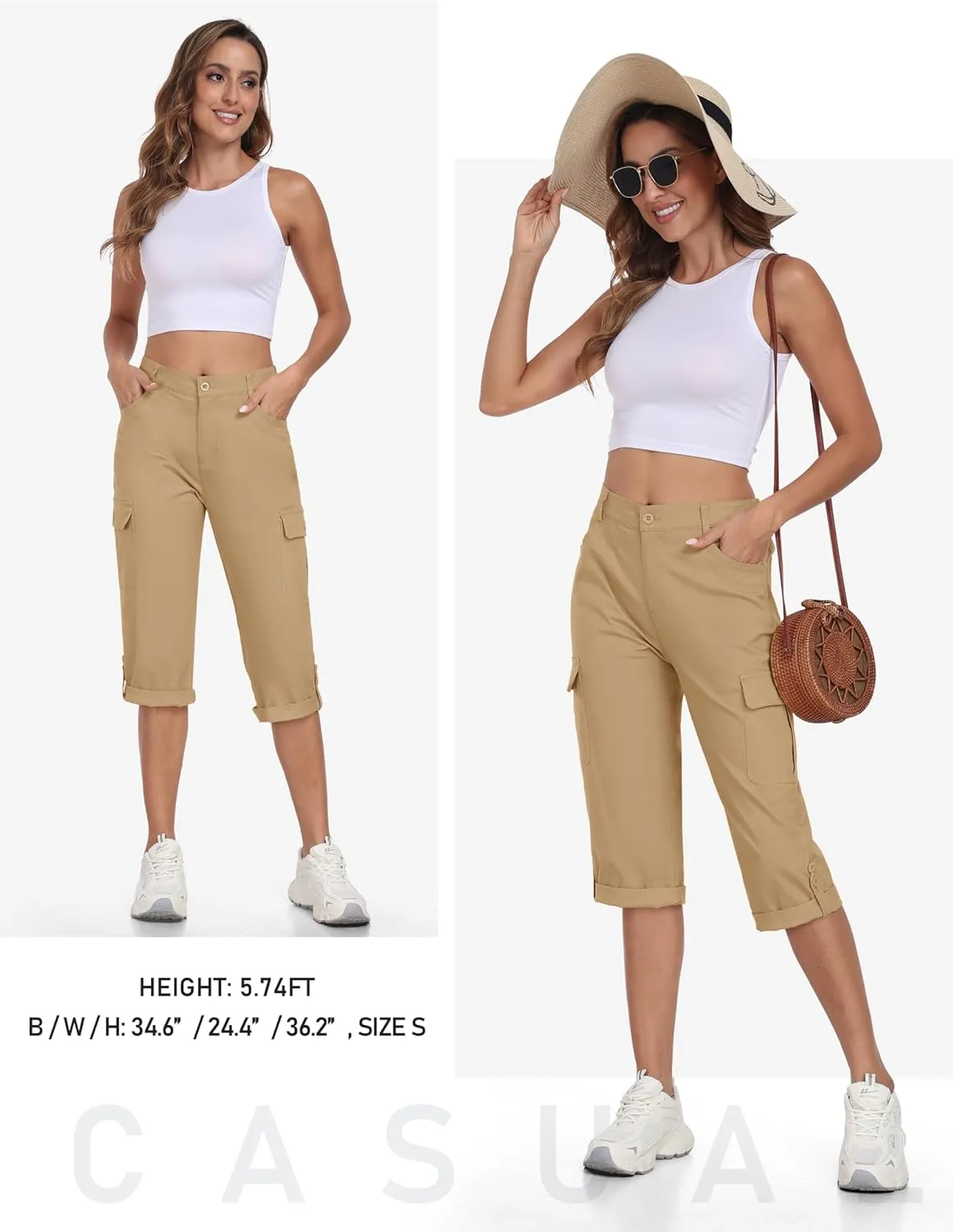 MoFiz Women's Cargo Capri Pants Cotton Roll up Convertible Capris Summer Casual Athletic Hiking Cropped Pants with Pockets