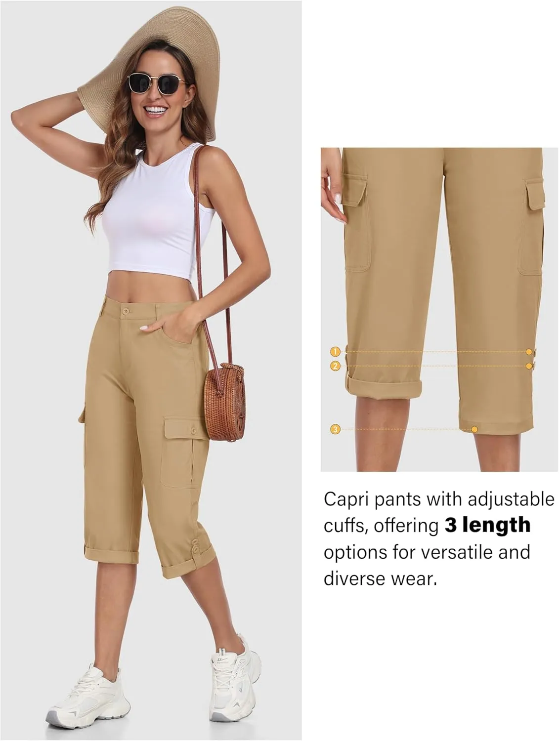 MoFiz Women's Cargo Capri Pants Cotton Roll up Convertible Capris Summer Casual Athletic Hiking Cropped Pants with Pockets