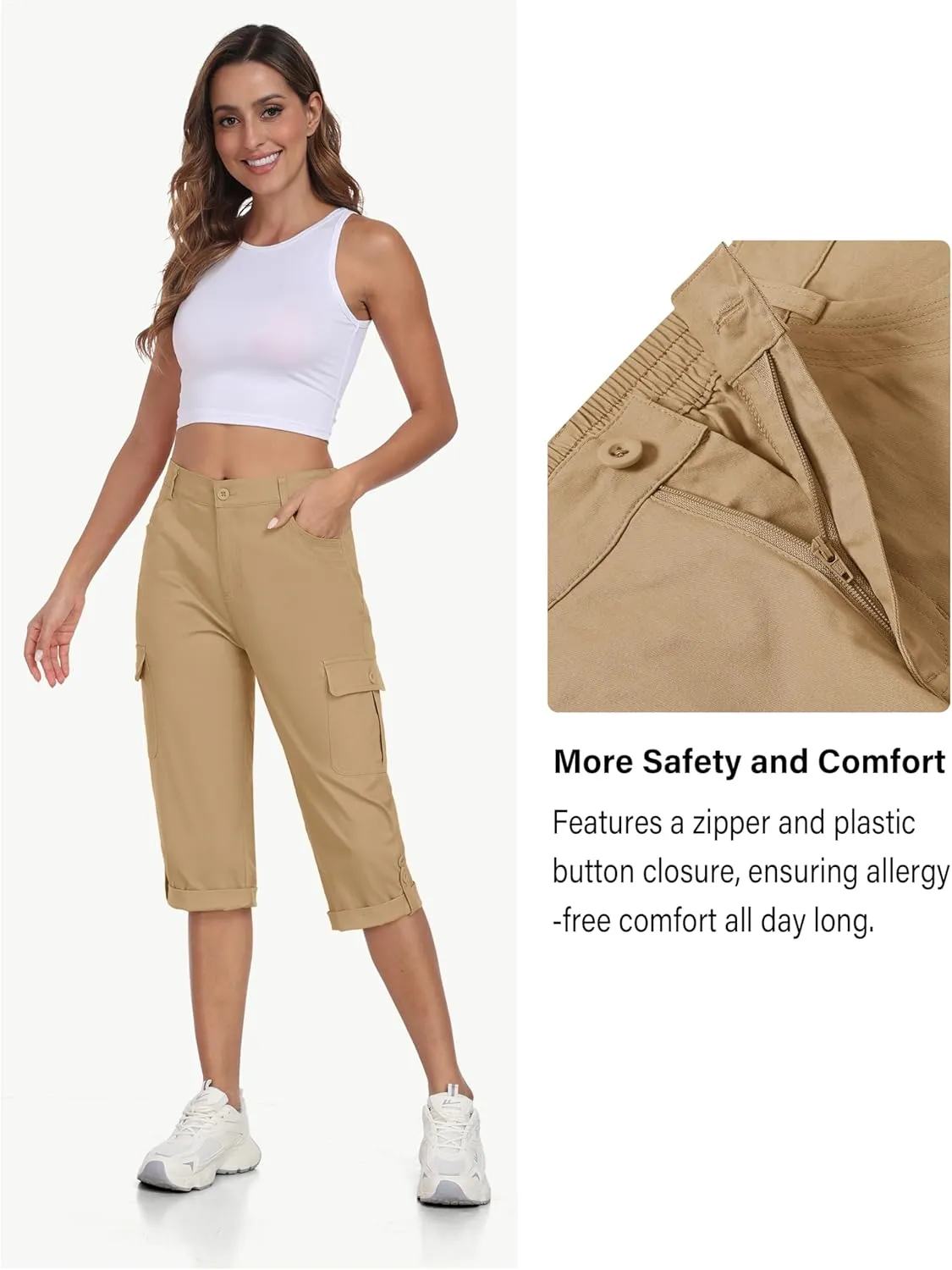 MoFiz Women's Cargo Capri Pants Cotton Roll up Convertible Capris Summer Casual Athletic Hiking Cropped Pants with Pockets