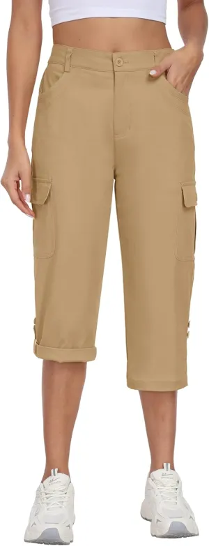 MoFiz Women's Cargo Capri Pants Cotton Roll up Convertible Capris Summer Casual Athletic Hiking Cropped Pants with Pockets