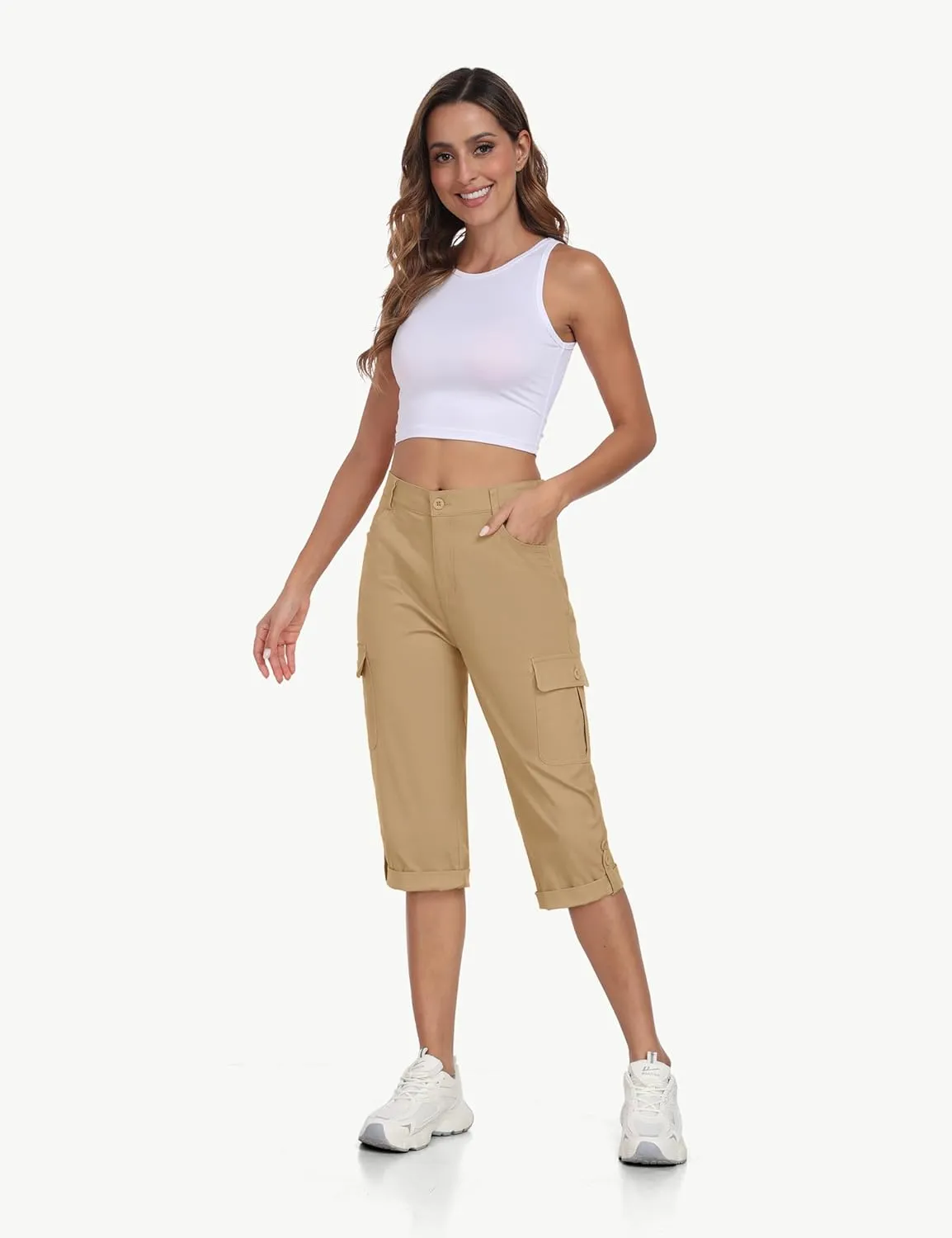 MoFiz Women's Cargo Capri Pants Cotton Roll up Convertible Capris Summer Casual Athletic Hiking Cropped Pants with Pockets