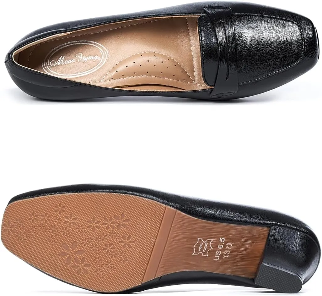 Mona flying Women's Leather 7 cm Chunky Heel Loafers Pumps Square Toe High Heel Office Work Dress Shoes for Ladies