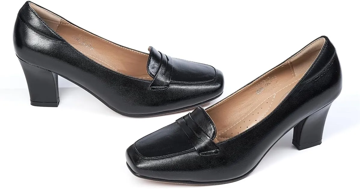 Mona flying Women's Leather 7 cm Chunky Heel Loafers Pumps Square Toe High Heel Office Work Dress Shoes for Ladies
