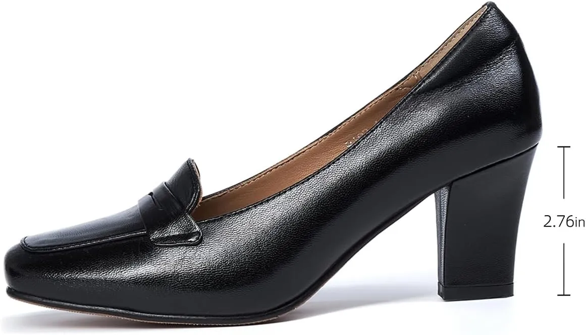 Mona flying Women's Leather 7 cm Chunky Heel Loafers Pumps Square Toe High Heel Office Work Dress Shoes for Ladies