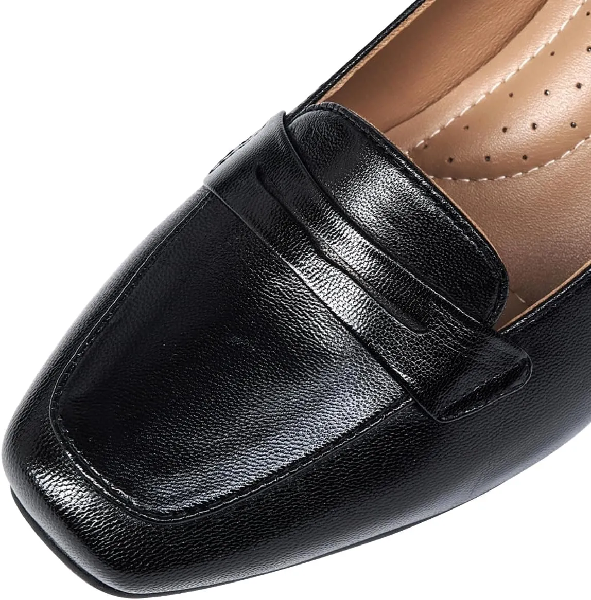 Mona flying Women's Leather 7 cm Chunky Heel Loafers Pumps Square Toe High Heel Office Work Dress Shoes for Ladies