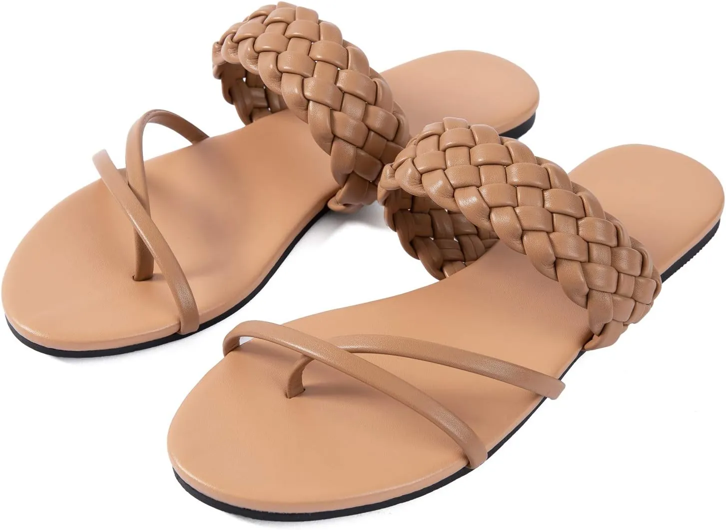 Mtzyoa Women Flat Sandals Straw Braided Orthopedic Support Non-Slip Cushion Casual Solid Dressy Comfortable Vacation Evening Wear