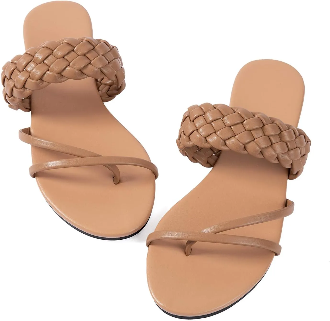 Mtzyoa Women Flat Sandals Straw Braided Orthopedic Support Non-Slip Cushion Casual Solid Dressy Comfortable Vacation Evening Wear