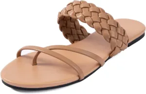 Mtzyoa Women Flat Sandals Straw Braided Orthopedic Support Non-Slip Cushion Casual Solid Dressy Comfortable Vacation Evening Wear