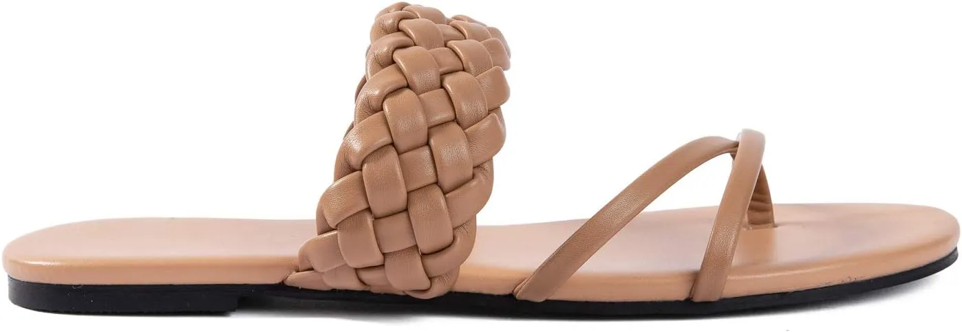 Mtzyoa Women Flat Sandals Straw Braided Orthopedic Support Non-Slip Cushion Casual Solid Dressy Comfortable Vacation Evening Wear