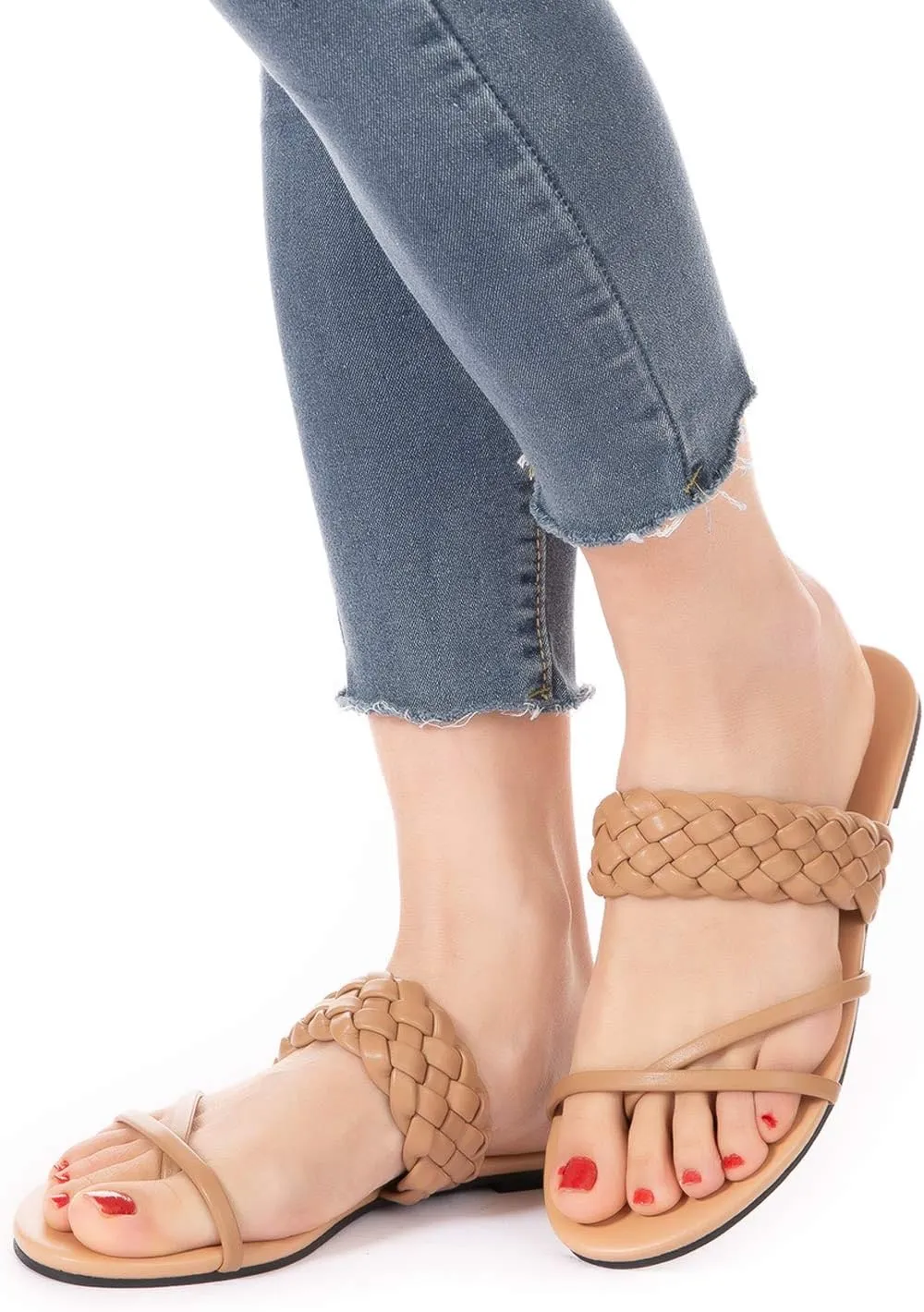 Mtzyoa Women Flat Sandals Straw Braided Orthopedic Support Non-Slip Cushion Casual Solid Dressy Comfortable Vacation Evening Wear