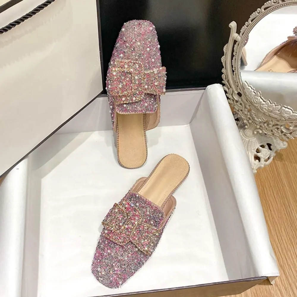 Mules for Women Flashy Round Toe Crystal Rhinestone Mules Flats Business Casual Party Office Comfort Shoes