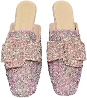 Mules for Women Flashy Round Toe Crystal Rhinestone Mules Flats Business Casual Party Office Comfort Shoes