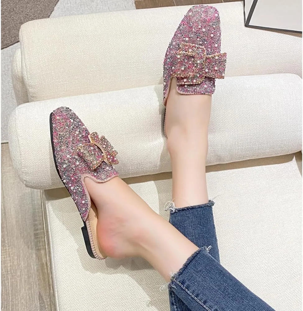 Mules for Women Flashy Round Toe Crystal Rhinestone Mules Flats Business Casual Party Office Comfort Shoes