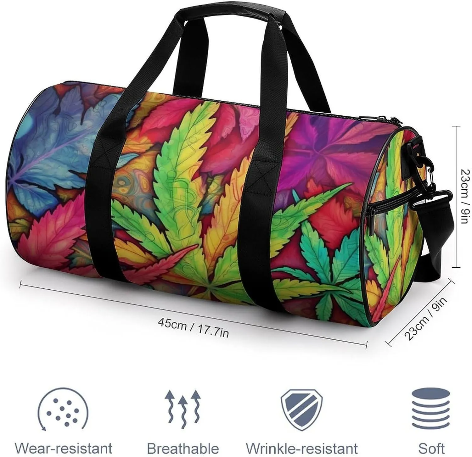 MultiColor Leaf Weed Art Duffel Bag for Men Women Gym Bag Sports Small Overnight Bag for Travel Weekender, 17.7in/9in/9in, XB0606009