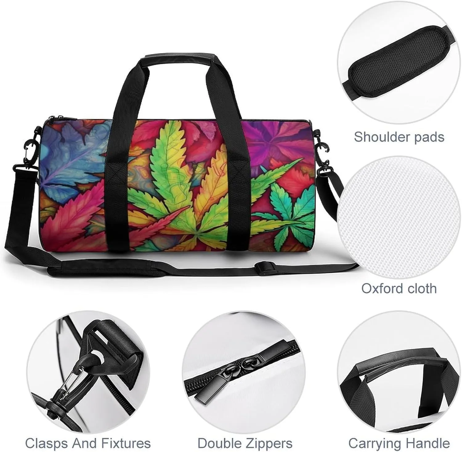 MultiColor Leaf Weed Art Duffel Bag for Men Women Gym Bag Sports Small Overnight Bag for Travel Weekender, 17.7in/9in/9in, XB0606009