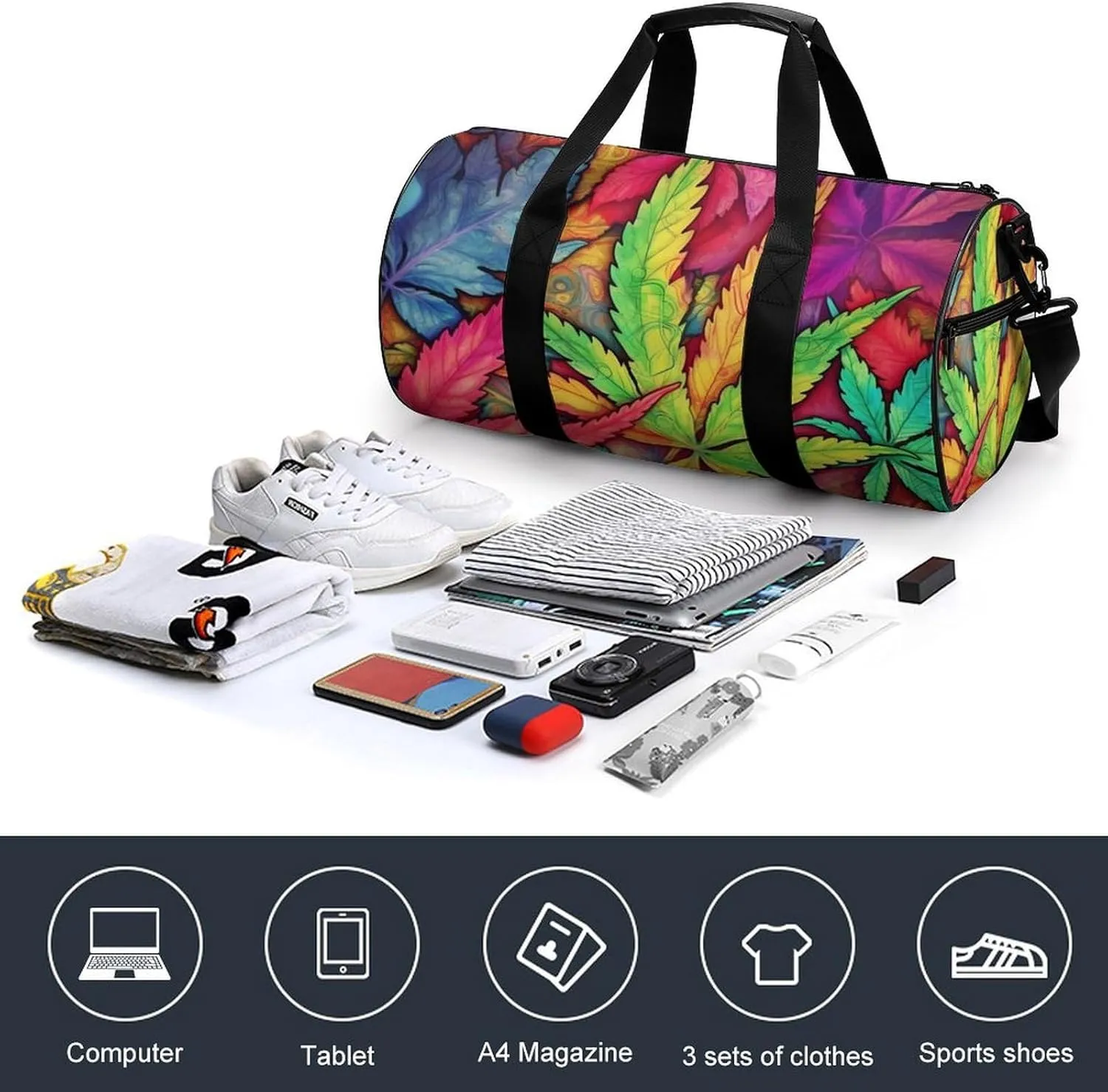 MultiColor Leaf Weed Art Duffel Bag for Men Women Gym Bag Sports Small Overnight Bag for Travel Weekender, 17.7in/9in/9in, XB0606009