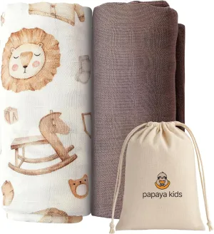 Muslin Swaddle Blankets for Newborns – Safari Animal Print & Toast Brown, Soft Bamboo Viscose & Cotton Muslin Baby Swaddle Set, Gender Neutral Receiving Blanket with Gift Bag, 2-Pack