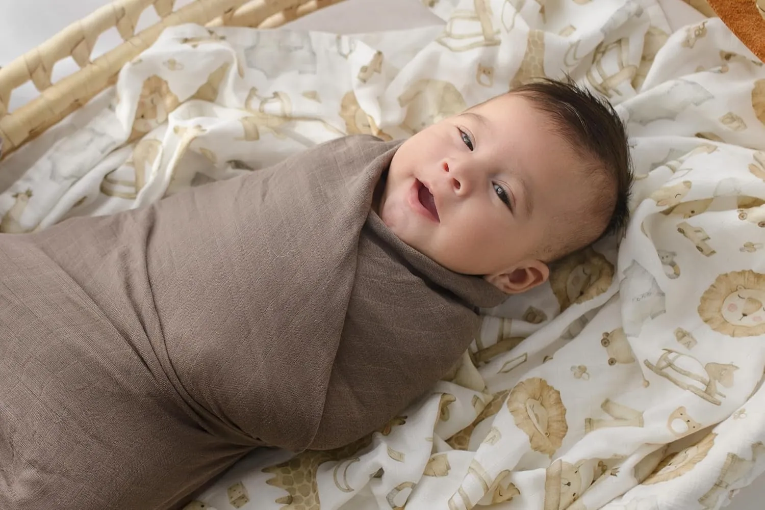 Muslin Swaddle Blankets for Newborns – Safari Animal Print & Toast Brown, Soft Bamboo Viscose & Cotton Muslin Baby Swaddle Set, Gender Neutral Receiving Blanket with Gift Bag, 2-Pack